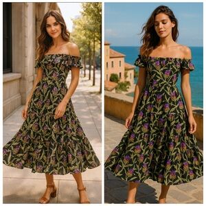 Agua Bendita Banana Off Shoulder Midi Dress XS Black Floral Tropical NWT
